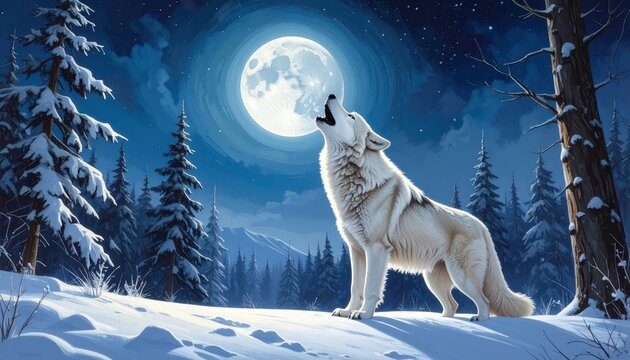 A majestic white wolf howls at the full moon, bathed in the soft glow of a winter night.