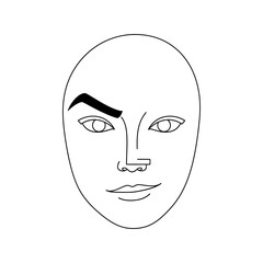 Stylized face with bold eyebrow and minimalist facial features in a black and white line drawing