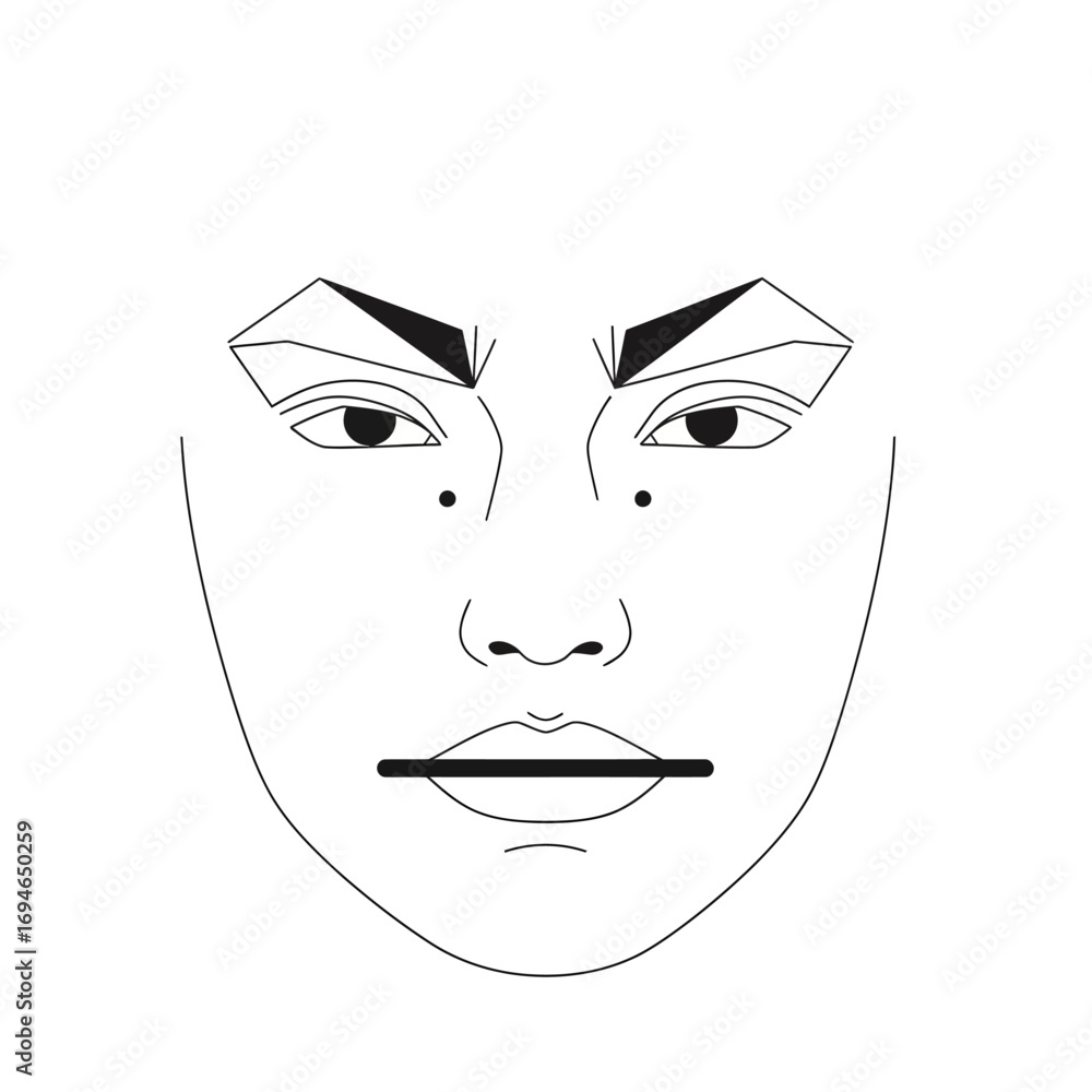 Poster stylized face with geometric eyebrows and a horizontal line for the mouth in a minimalist design