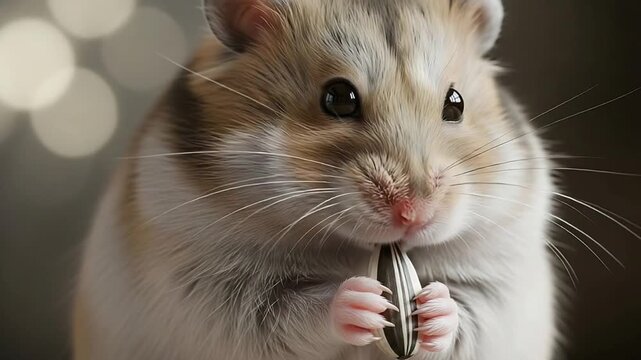Close-up of adorable dwarf hamster nibbling a sunflower seed with soft bokeh background.