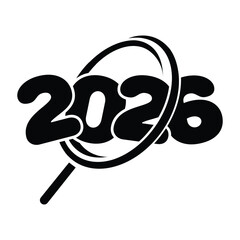 Bold black 2026 numbers inside a magnifying glass icon on white background. Minimalist, graphic, and centered design with rounded, puffy digits in clean symmetrical composition.