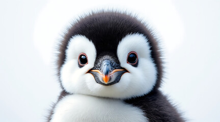 Fototapeta premium Cute penguin chick close up portrait with soft feathers and bright eyes on white background, showing detailed texture and natural beauty