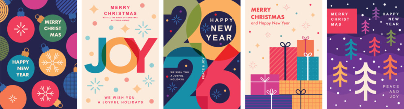 Christmas Minimalist card set - abstract Holidays flyers. Lettering with Christmas and New Year decorative elements. Vector illustration.