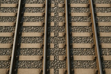 Naklejka premium Close-up view of parallel railway tracks with gravel and wooden sleepers in warm light, showcasing detailed transport infrastructure background. Ai generative