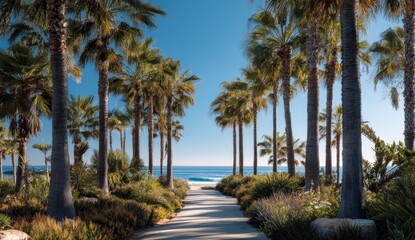 Fototapeta premium Palm-lined pathway to the ocean