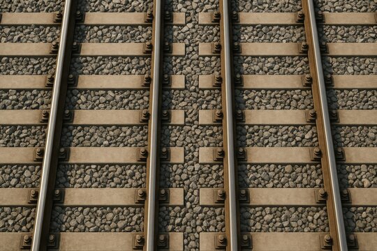 Close-up view of parallel railway tracks with gravel and wooden sleepers in warm light, showcasing detailed transport infrastructure background. Ai generative