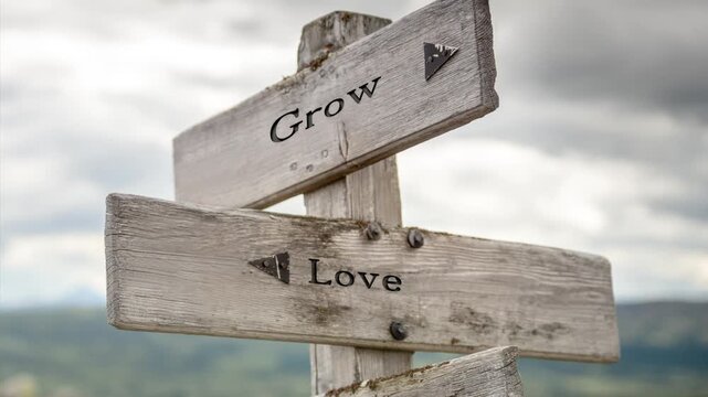 Wooden sign on a mountain plateau with the quote "Grow Love Give", surrounded by natural alpine scenery and gentle sunlight, conveying inspiration, kindness, and personal growth.