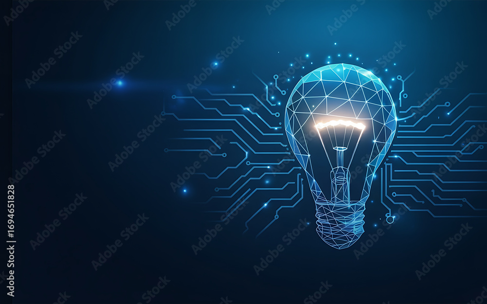 Poster brilliant idea illuminated within a glowing digital network, symbolizing innovation and technology.