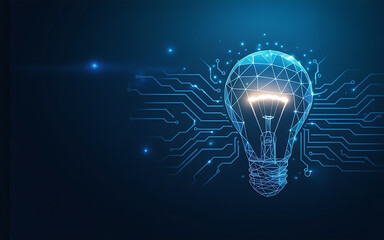 Brilliant idea illuminated within a glowing digital network, symbolizing innovation and technology.
