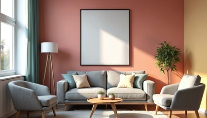 Stylish living room interior, retro-modern aesthetic with colorful walls. Features gray sofa, armchairs, white framed poster mockup, wood coffee table, floor lamp, potted plant.