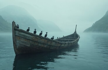 Cormorant birds rest on weathered wooden shipwreck in misty fjord. Mountains shrouded in fog create serene, arctic atmosphere. Tranquil water reflects vast, quiet landscape, nature raw beauty,