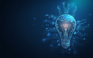 Brilliant idea emerges from futuristic technology network, symbolizing innovation and digital progress.