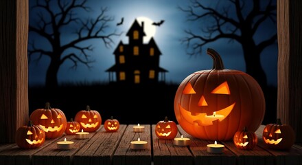 Dynamic Halloween Night: Carved Pumpkin, Mini Jack-o'-Lanterns, and Enchanting Porch