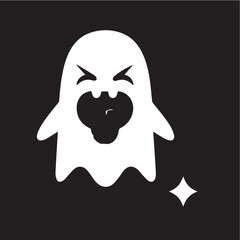 A simple vector illustration of a scary and angry white ghost character screaming with an open mouth on a black background for Halloween
