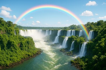 Majestic tropical waterfalls with lush green jungle and vibrant rainbow under clear blue sky creating a dreamy travel nature background concept. Ai generative