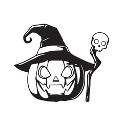 A menacing jack-o'-lantern character wearing a witch hat and holding a skull staff, perfect for Halloween decorations and designs