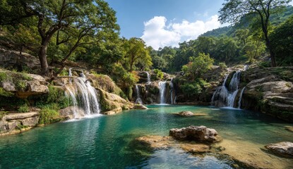 Obraz premium Lush waterfall cascading into a tranquil pool