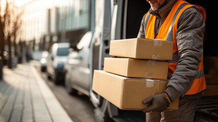 Delivery Man with Packages: A dedicated delivery man, diligently handling packages with care and efficiency, is captured, epitomizing the core of reliable logistic services.