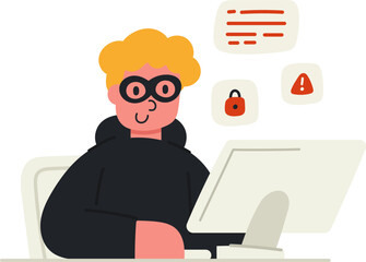 Vector cartoon illustration of a hacker character. Cybersecurity, hacking, and digital crime concept.
