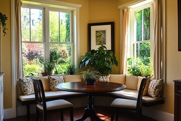 Interior view of a dining nook with a round table and corner seating.