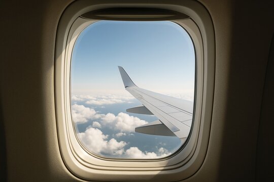 Airplane wing view through aircraft window with clouds and blue sky in background, symbolizing light and peaceful travel concept above earth. Ai generative