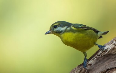 Yellow-bellied Tit Bird Perched on Weathered Branch Against Soft Golden Natural Background