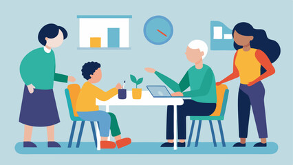 Family Meeting A family gathering at home discussing how to better support a member with a disability with charts and resources spread out on the table.