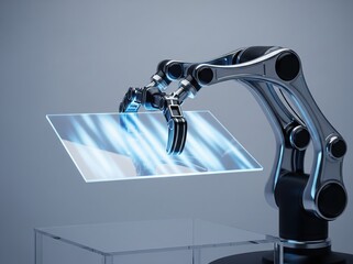 Futuristic robotic mechanical arm lifting panel with reflective light glow balanced in smooth movement against neutral background emphasizing advanced technology