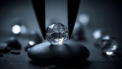 A brilliant cut diamond held delicately by tweezers sparkling with light surrounded by other diamonds on a dark textured surface