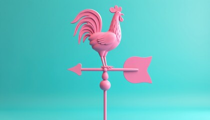 Minimalist 3D illustration of pink rooster weather vane on turquoise blue background. Iconic symbol indicates wind direction, pointing north, south, east, west. Features stylized bird, directional