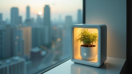 Mini eco oasis with plant and portable filter on a windowsill against a concrete city, symbolizing urban micro-comfort

