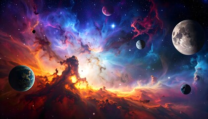 Colorful nebula and planets in space
