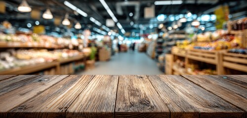 Wooden table top in front of a blurry supermarket (1)