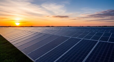 A panoramic view of a solar panel field at sunset, illustrating the vast scale of renewable energy production and its role in sustainable power generation