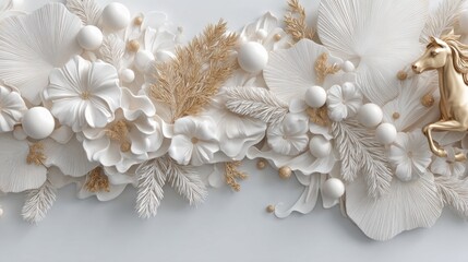 Elegant floral wall art featuring relief designs and a golden unicorn accent in a serene setting