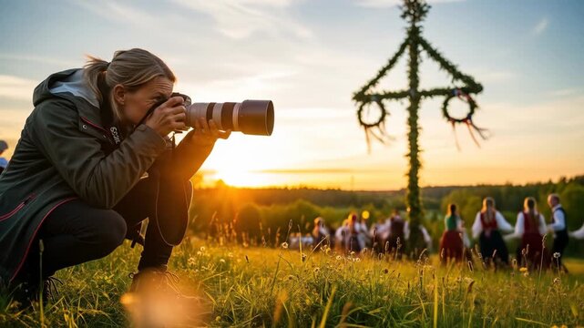 Photographer captures festive group dancing around Maypole on field
