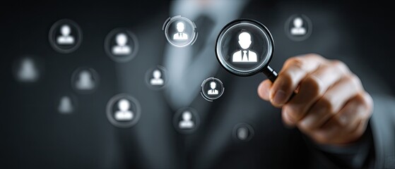 Businessperson holding magnifying glass over blurred profile icons