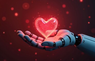 Robotic hand gently holds glowing digital heart. Artificial intelligence merges with emotion, symbolizing futuristic love and connection. AI innovation, romance, and digital affection represented.