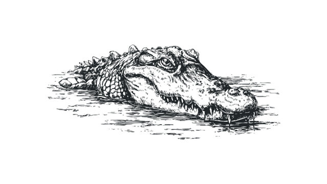 Ink sketch of an alligator head peeking from water on transparent background. Vector hand drawn illustration