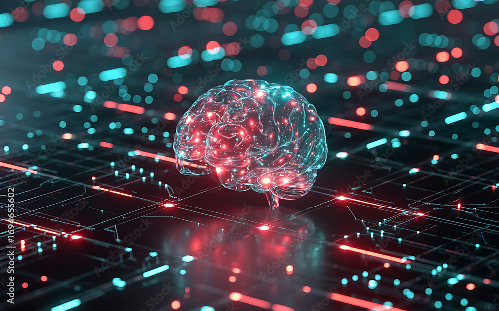 Poster abstract digital brain with glowing circuits representing artificial intelligence and advanced techn