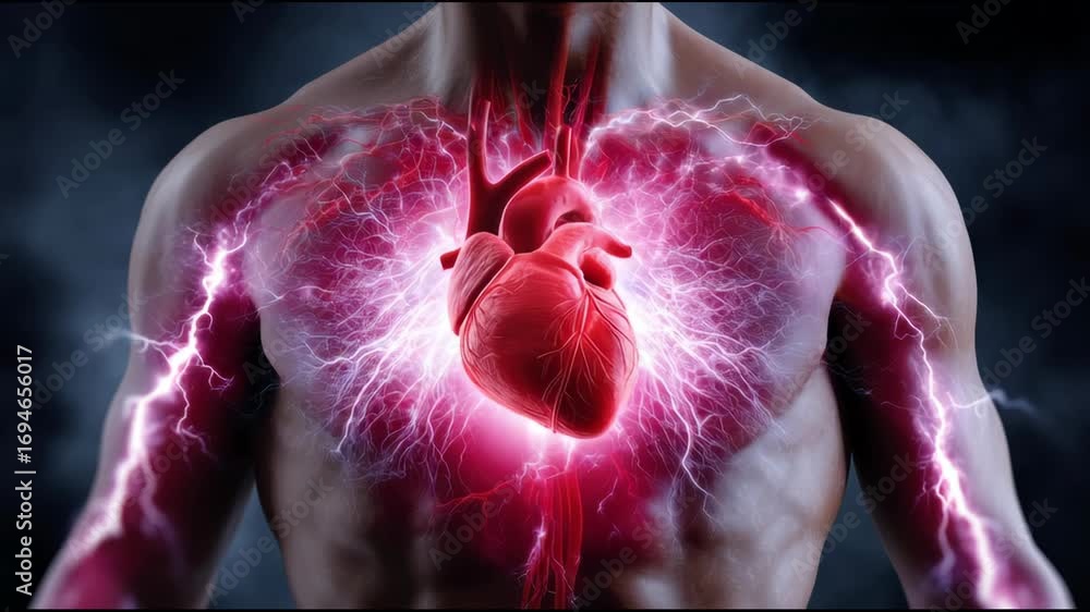 Aufkleber 3d rendering of a human anatomical heart glowing with energy surrounded by sparks and lightning in d