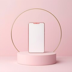 Modern smartphone with blank screen displayed on a minimalist pink podium surrounded by a rose gold metallic circle against a soft pink background