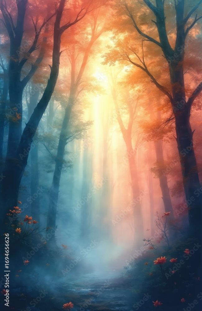 Aufkleber magical forest path illuminated by ethereal sunlight rays creating enchanted atmosphere. tall trees 