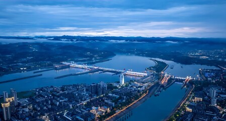 Yichang City Blue Hour Aerial View with Yangtze River Bridge and Urban Landscape, Hubei Province, China