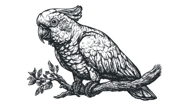 Detailed ink sketch of a cockatoo perched on a branch. Vector hand drawn illustration