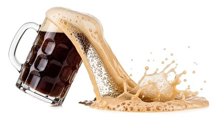 Delicious dark beer overflowing from a glass mug with a captivating splash of creamy foam,