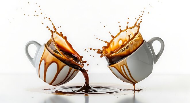Energetic coffee splash: Two cups collide creating dynamic liquid motion and caffeine excitement