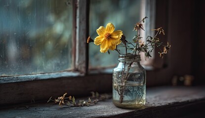 A yellow flower in a glass jar on a windowsill (1)