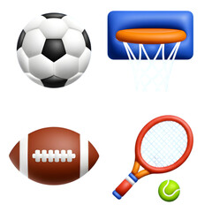 Fototapeta premium Collection of popular sports equipment including soccer ball basketball hoop american football tennis racket and ball