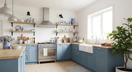 Fototapeta premium Bright and airy kitchen with blue cabinets, wooden countertops, and open shelving displaying decorative dishware and cookware in a cozy home